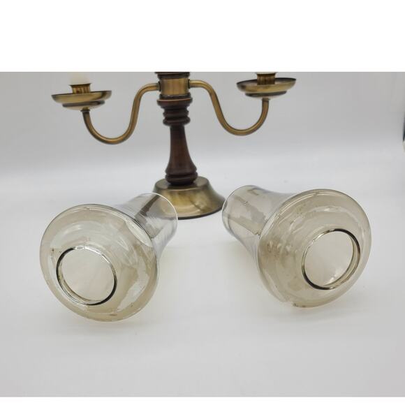 Vintage Mid Century Brass & Wood Double Arm Candle Holder w/Glass Shades - Picture 5 of 10